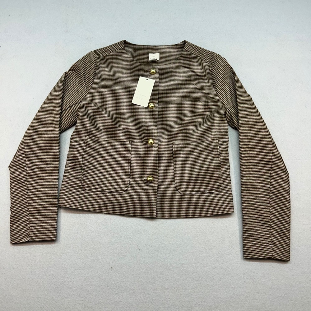 NWT A New Day Women XS Brown Micro Check Cropped Jacket Gold Button Blazer